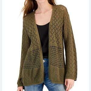 INC International Concepts Olive Green Open Knit Women's Crochet Cotton Sweater